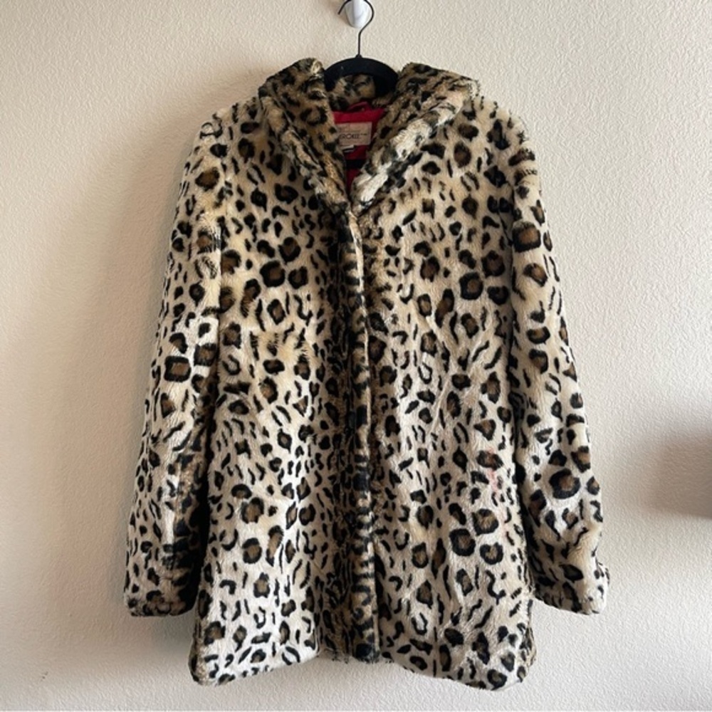Cherokee Leopard Print Faux Fur Hooded Jacket - Beige/Brown/Black